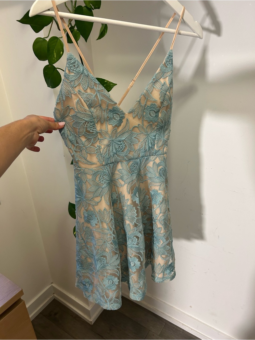 Nude Slip Dress with Pale Blue Floral Lace Overlay
